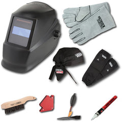 Auto-Darkening Welding Helmet Starter Kit with No. 11 Lens, Gloves, Wire Brush, Magnet, Chipping Hammer and Marker - Exact Tooling