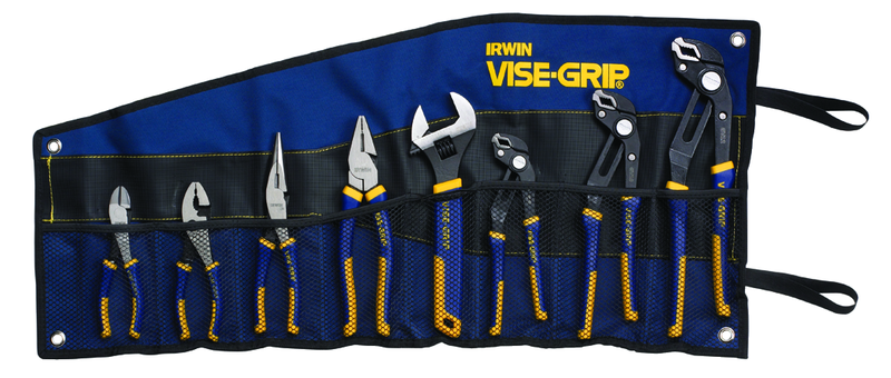 Irwin 8 Pc. Set - all purpose jaw grips on round; flat; sq and hex shapes. Press slide button quickly adjusts lower jaw for more groove positions. Soft ProTouch handles - Exact Tooling