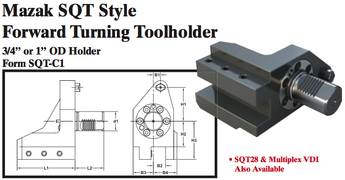 Mazak SQT Stye Forward Turning Toolholder (3/4Ó or 1Ó OD Holder Form SQT-C1) - Part #: SQT31.1525 - Exact Tooling