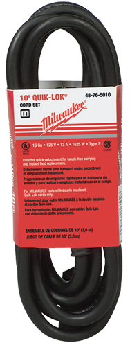 #48-76-5010 - Fits: Most Milwaukee 2-Wire Quik-Lok Cord Sets @ 10' - Replacement Cord - Exact Tooling