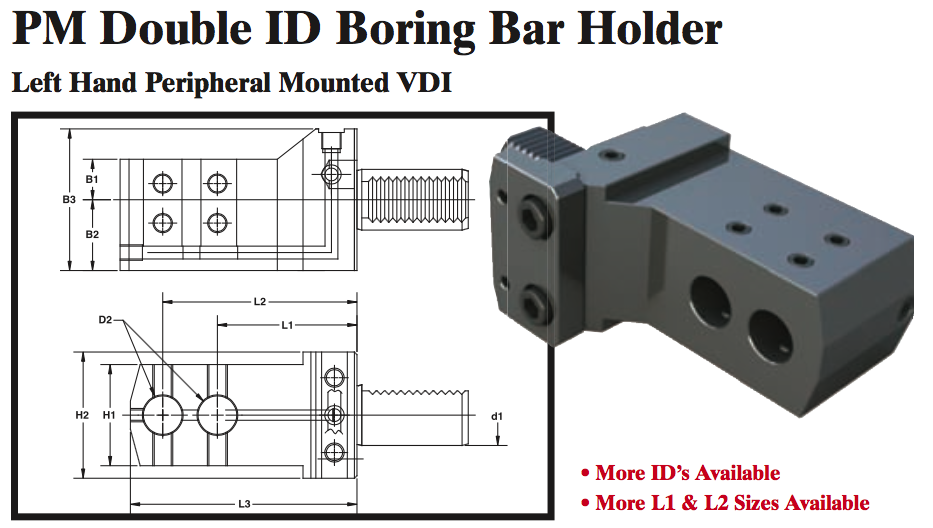 PM Double ID Boring Bar Holder (Left Hand Peripheral Mounted VDI) - Part #: PM91.4025L - Exact Tooling