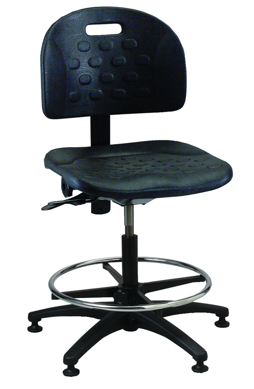 Black Polyurethane Task Stool - Adj. Contoured Backrest, Waterfall Seat, Seat and Back Tilt, Glides Standard, Pneu Hgt. Adj., 20" Adj. Footring, Black Plastic ABS Base, Bench Hgt 23.5"-33.5" - Exact Tooling