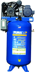 80 Gallon Vertical Tank Two Stage; Belt Drive; 5HP 230V 1PH W/Starter; 18.4CFM@175PSI; 530lbs. - Exact Tooling