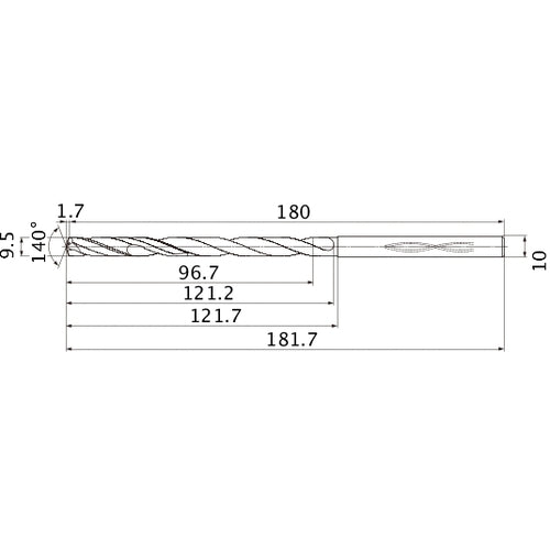 MHS0950L120B VP15TF 9.5 mm Dia. × 10 mm Shank × 121.2 mm Flute Length × 181.7 mm OAL, 140°, 2 Flute, Coolant Thru, Solid Carbide Drill