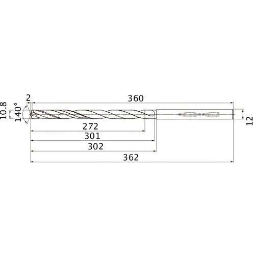 MHS1080L300B VP15TF 10.8 mm Dia. × 12 mm Shank × 301 mm Flute Length × 362 mm OAL, 140°, 2 Flute, Coolant Thru, Solid Carbide Drill