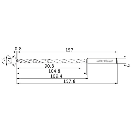MVS0450X20S060 DP1020 4.5 mm Dia. × 6 mm Shank × 104.8 mm Flute Length × 157.8 mm OAL, 140°, 2 Flute, Coolant Thru, Solid Carbide Drill