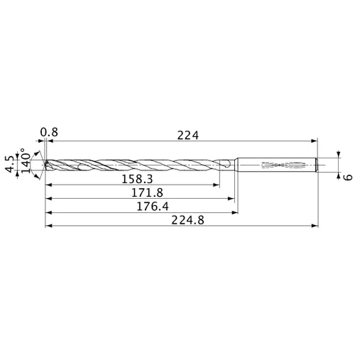 MVS0450X35S060 DP1020 4.5 mm Dia. × 6 mm Shank × 171.8 mm Flute Length × 224.8 mm OAL, 140°, 2 Flute, Coolant Thru, Solid Carbide Drill