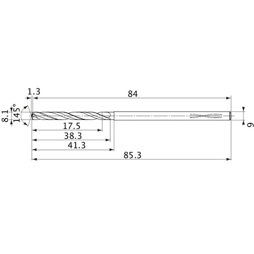 MVS0810X02S090PL DP1020 8.1 mm Dia. × 9 mm Shank × 38.3 mm Flute Length × 85.3 mm OAL, 145°, 2 Flute, Coolant Thru, Solid Carbide Drill