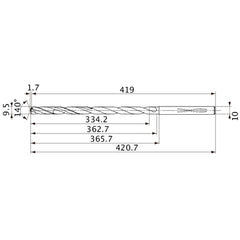 MVS0950X35S100 DP1020 9.5 mm Dia. × 10 mm Shank × 362.7 mm Flute Length × 420.7 mm OAL, 140°, 2 Flute, Coolant Thru, Solid Carbide Drill