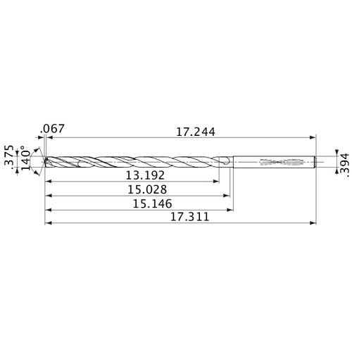 MVS0953X35S100 DP1020 3/8″ Dia. × 0.394″ Shank × 15.028″ Flute Length × 17.311″ OAL, 140°, 2 Flute, Coolant Thru, Solid Carbide Drill