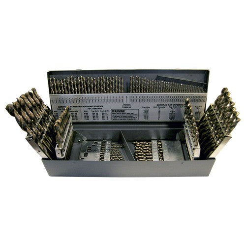 1/16-1/2, A-Z, #1-#60 RHS / RHC HSS-CO 8% (M42) 135 Degree Split Point Heavy Duty Cobalt Jobber Length Drill Set - Straw / Gold Oxide - Exact Tooling