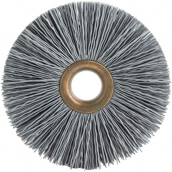 Brush Research Mfg. - 4" OD, 1/2" Arbor Hole, Crimped Abrasive Nylon Wheel Brush - 3/4" Face Width, 1-7/16" Trim Length, 20,000 RPM - Exact Tooling