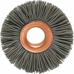 Brush Research Mfg. - 1-1/4" OD, 3/8" Arbor Hole, Crimped Abrasive Nylon Wheel Brush - 5/16" Face Width, 1/4" Trim Length, 20,000 RPM - Exact Tooling