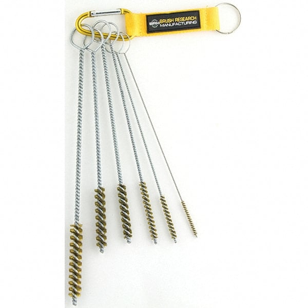 Brush Research Mfg. - 7/16" Diam Helical Brass Tube Brush - Single Spiral, 0.005" Filament Diam, 2-1/2" Brush Length, 10" OAL, 0.168" Diam Galvanized Steel Shank - Exact Tooling