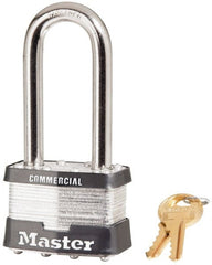 Master Lock - 2-1/2" Shackle Clearance, Keyed Different Padlock - 15/16" Shackle Width, 3/8" Shackle Diam, Laminated Steel - Exact Tooling