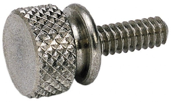 Electro Hardware - #6-32 Knurled Shoulder Grade 1 & F Brass Thumb Screw - 13/16" OAL, 3/8" Head Diam x 3/16" Head Height, Nickel-Plated Finish - Exact Tooling
