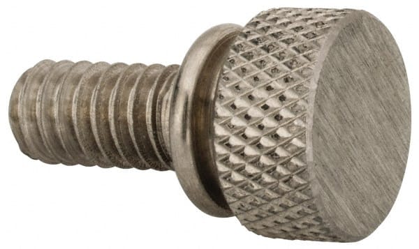 Electro Hardware - 1/4-20 Knurled Shoulder Grade 303 Stainless Steel Thumb Screw - 7/8" OAL, 1/2" Head Diam x 1/4" Head Height, Uncoated - Exact Tooling