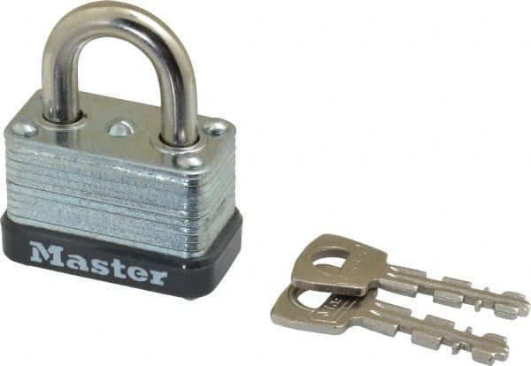 Master Lock - 9/16" Shackle Clearance, Keyed Different Laminated Steel Padlock - 1/4" Shackle Diam, Laminated Steel - Exact Tooling