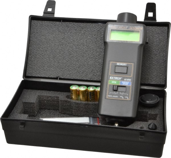 Extech - Accurate up to 0.05%, 0.1 (5 to 999.9) and 1 (1,000 to 99,999) RPM Resolution, Contact Tachometer - 8-1/2 Inch Long x 2.5984 Inch Wide x 1-1/2 Inch Meter Thick, 0.5 (Contact) and 5 (Photo) to 19,999 (Contact) and 99,999 (Photo) RPM Measurement - Exact Tooling