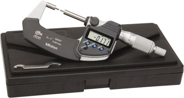 Mitutoyo - 1 Inch, 32mm Throat Depth, Electronic Spline Micrometer - Accurate Up to 0.0001 Inch, 1/4 Inch Spindle Diameter, 0.18mm Head Diameter, Ratchet Stop Thimble, Data Output - Exact Tooling