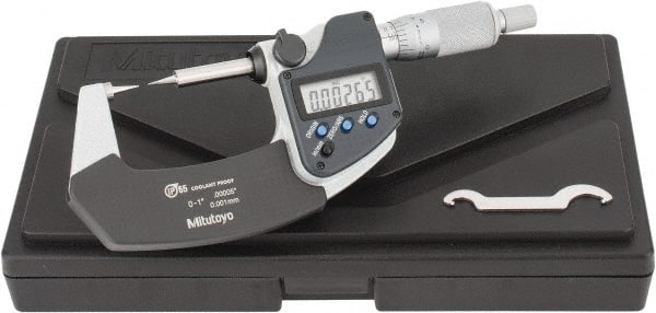 Mitutoyo - 1 Inch, 32mm Throat Depth, Ratchet Stop, Electronic Point Micrometer - Accurate Up to 0.0001 Inch, 0.3937 Inch Point Length, 15° Point Angle, 18mm Head Diameter - Exact Tooling