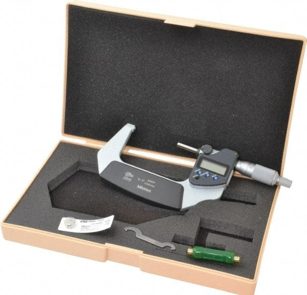 Mitutoyo - 2 to 76.2mm Measurement, Spherical Face Micrometer - Accuracy Up to 0.0001 Inch, Data Output, 0.0001 Inch Resolution, Electronic Operation, Ratchet Stop Thimble, IP65 Water Resistance Rating, SR44 Battery - Exact Tooling