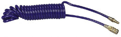 Coilhose Pneumatics - 1/4" ID, 1/4 Thread, 15' Long, Blue Polyurethane Coiled & Self Storing Hose - 125 Max psi, Industrial Interchange Coupler x Plug - Exact Tooling