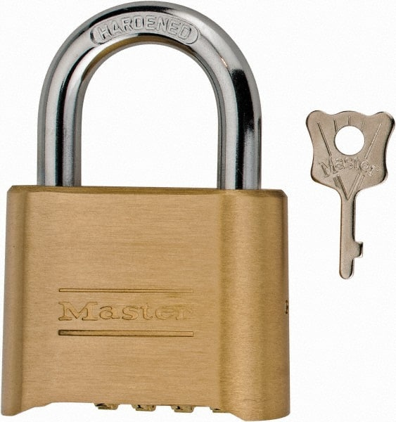 Master Lock - 2" Body Width, 1" Shackle Clearance, Steel & Brass Combination Lock - 5/16" Shackle Diam - Exact Tooling