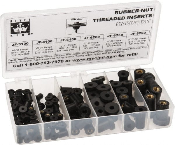 RivetKing 115 Piece #8-32 to 1/4-20 Thread Neoprene Well Nut Assortment 5/16 to 1/2" Body Diam, Includes #10-32 x 3/8, #8-32 x 5/16 & 1/4-20 x 1/2 - Exact Tooling