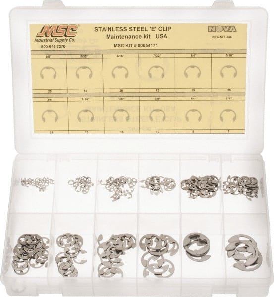 Made in USA - 206 Piece, 1/8 to 7/8", Stainless Steel, E Style External Retaining Ring Assortment - Exact Tooling