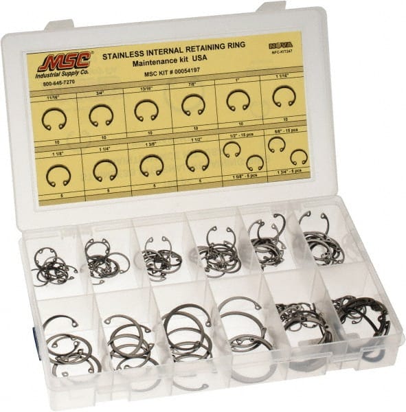 Value Collection - 120 Piece, 1/2 to 1-3/4", Stainless Steel, Snap Internal Retaining Ring Assortment - Includes Compartmented Case, Specification Labels - Exact Tooling