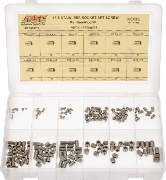 Value Collection - 200 Piece, #6-32 to 3/8-24, Stainless Steel Set Screw Assortment - Socket Cap Head, Hex Socket Drive, 3/16 to 3/8" Long, Grade 18-8 - Exact Tooling