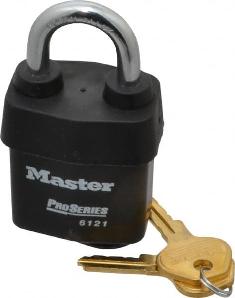 Master Lock - 1-1/8" Shackle Clearance, Keyed Different Pro Series Solid Steel Padlock - 5/16" Shackle Diam, Laminated Steel - Exact Tooling