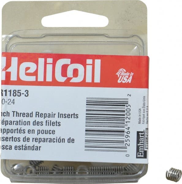 Heli-Coil - #10-24 UNC, 0.285" OAL, Free Running Helical Insert - 5 Free Coils, Tanged, Stainless Steel, Bright Finish, 1-1/2D Insert Length - Exact Tooling