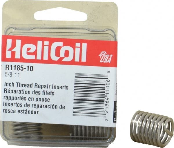 Heli-Coil - 5/8-11 UNC, 0.938" OAL, Free Running Helical Insert - 8-1/2 Free Coils, Tanged, Stainless Steel, Bright Finish, 1-1/2D Insert Length - Exact Tooling