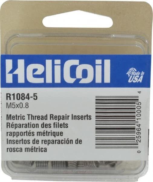 Heli-Coil - M5x0.80 Metric Coarse, 7.5mm OAL, Free Running Helical Insert - 6-7/8 Free Coils, Tanged, Stainless Steel, Bright Finish, 1-1/2D Insert Length - Exact Tooling