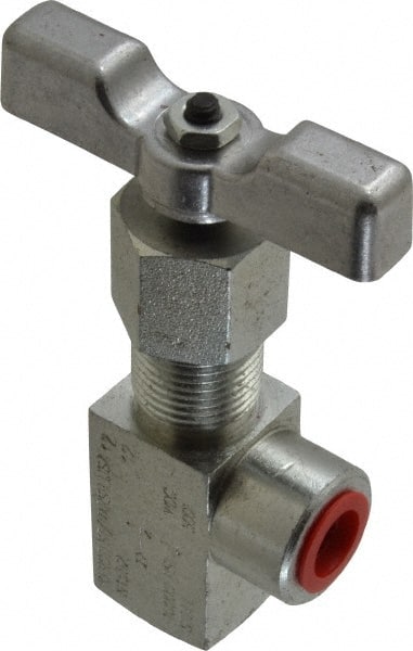 Made in USA - 1/4" Pipe, Angled Hard Seat Needle Valve - FNPT x FNPT Ends, Alloy Valve, 10,000 Max psi - Exact Tooling
