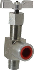 Made in USA - 1/2" Pipe, Angled Hard Seat Needle Valve - MNPT x FNPT Ends, Alloy Valve, 10,000 Max psi - Exact Tooling