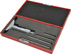 Value Collection - 0 to 4" Range, 4 Rod, Satin Chrome Finish Mechanical Depth Micrometer - Ball Thimble, 2-1/2" Base Length, 0.001" Graduation, 4.5mm Rod Diam - Exact Tooling