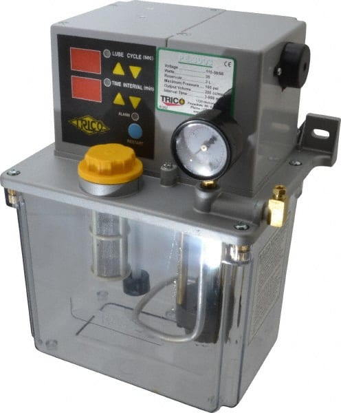 Trico - 3 L Reservoir Capacity, 0.2 cm Output per Hour, Electric Central Lubrication System - 3-999 Min Interval Between Cycles, 170mm Wide x 255mm High, 110 Volts, Oil, 5/16-24 Outlet Thread - Exact Tooling