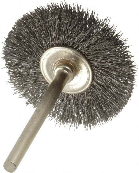 Osborn - 1-1/4" OD, 1/8" Shank Diam, Crimped Steel Wheel Brush - 0.005" Filament Diam, 25,000 RPM - Exact Tooling