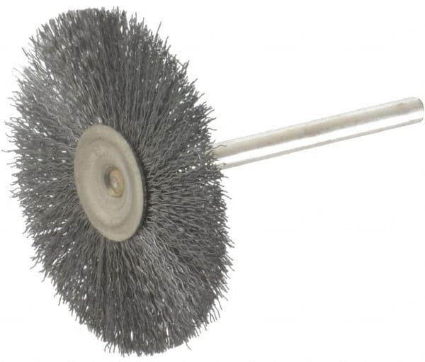 Osborn - 1-1/2" OD, 1/8" Shank Diam, Crimped Steel Wheel Brush - 0.005" Filament Diam, 25,000 RPM - Exact Tooling