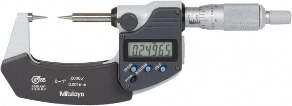 Mitutoyo - 1 Inch, 32mm Throat Depth, Ratchet Stop, Digital Point Micrometer - Accurate Up to 0.0001 Inch, 15° Point Angle - Exact Tooling