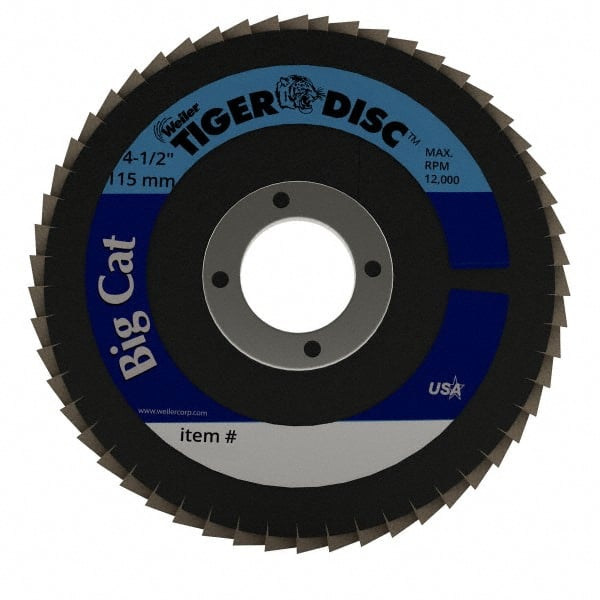 Weiler - 60 Grit, 4-1/2" Disc Diam, 7/8" Center Hole, Type 27 Zirconia Alumina Flap Disc - 12,000 Max RPM, Phenolic Backing, Arbor Attaching System, Coated - Exact Tooling