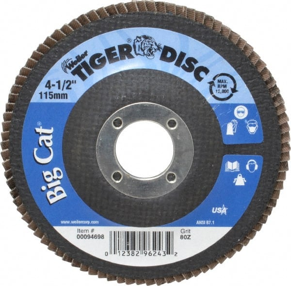 Weiler - 80 Grit, 4-1/2" Disc Diam, 7/8" Center Hole, Type 27 Zirconia Alumina Flap Disc - 12,000 Max RPM, Phenolic Backing, Arbor Attaching System, Coated - Exact Tooling