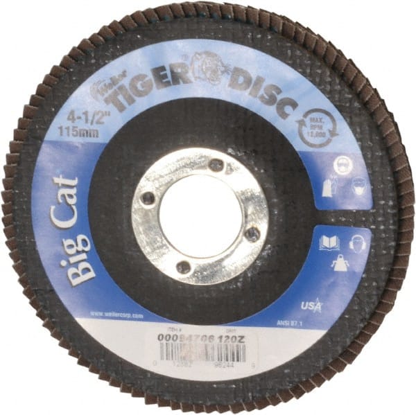 Weiler - 120 Grit, 4-1/2" Disc Diam, 7/8" Center Hole, Type 27 Zirconia Alumina Flap Disc - 12,000 Max RPM, Phenolic Backing, Arbor Attaching System, Coated - Exact Tooling