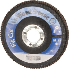 Weiler - 120 Grit, 4-1/2" Disc Diam, 7/8" Center Hole, Type 27 Zirconia Alumina Flap Disc - 12,000 Max RPM, Phenolic Backing, Arbor Attaching System, Coated - Exact Tooling