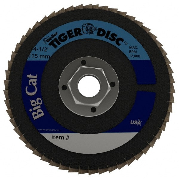 Weiler - 40 Grit, 4-1/2" Disc Diam, 5/8-11 Center Hole, Type 27 Zirconia Alumina Flap Disc - 12,000 Max RPM, Phenolic Backing, Arbor Attaching System, Coated - Exact Tooling