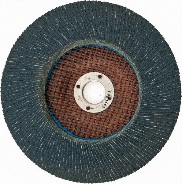 Weiler - 120 Grit, 7" Disc Diam, 7/8" Center Hole, Type 27 Zirconia Alumina Flap Disc - 8,600 Max RPM, Phenolic Backing, Arbor Attaching System, Coated - Exact Tooling