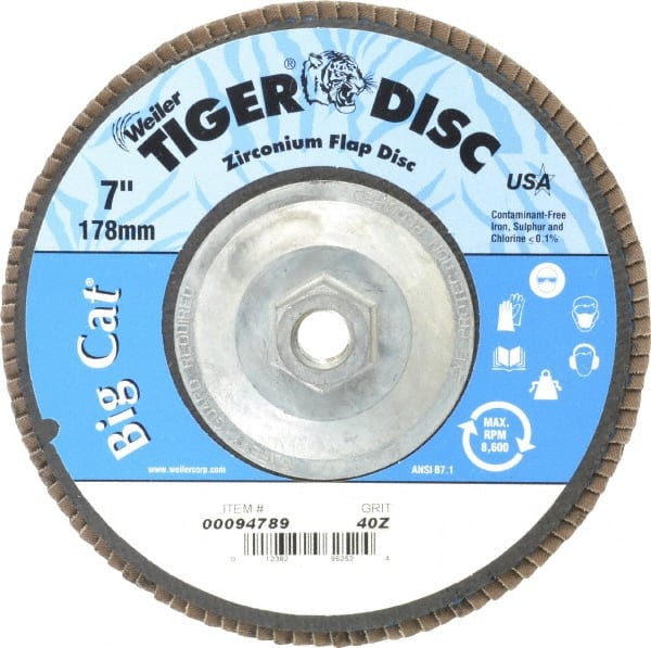 Weiler - 40 Grit, 7" Disc Diam, 5/8-11 Center Hole, Type 27 Zirconia Alumina Flap Disc - 8,600 Max RPM, Phenolic Backing, Arbor Attaching System, Coated - Exact Tooling